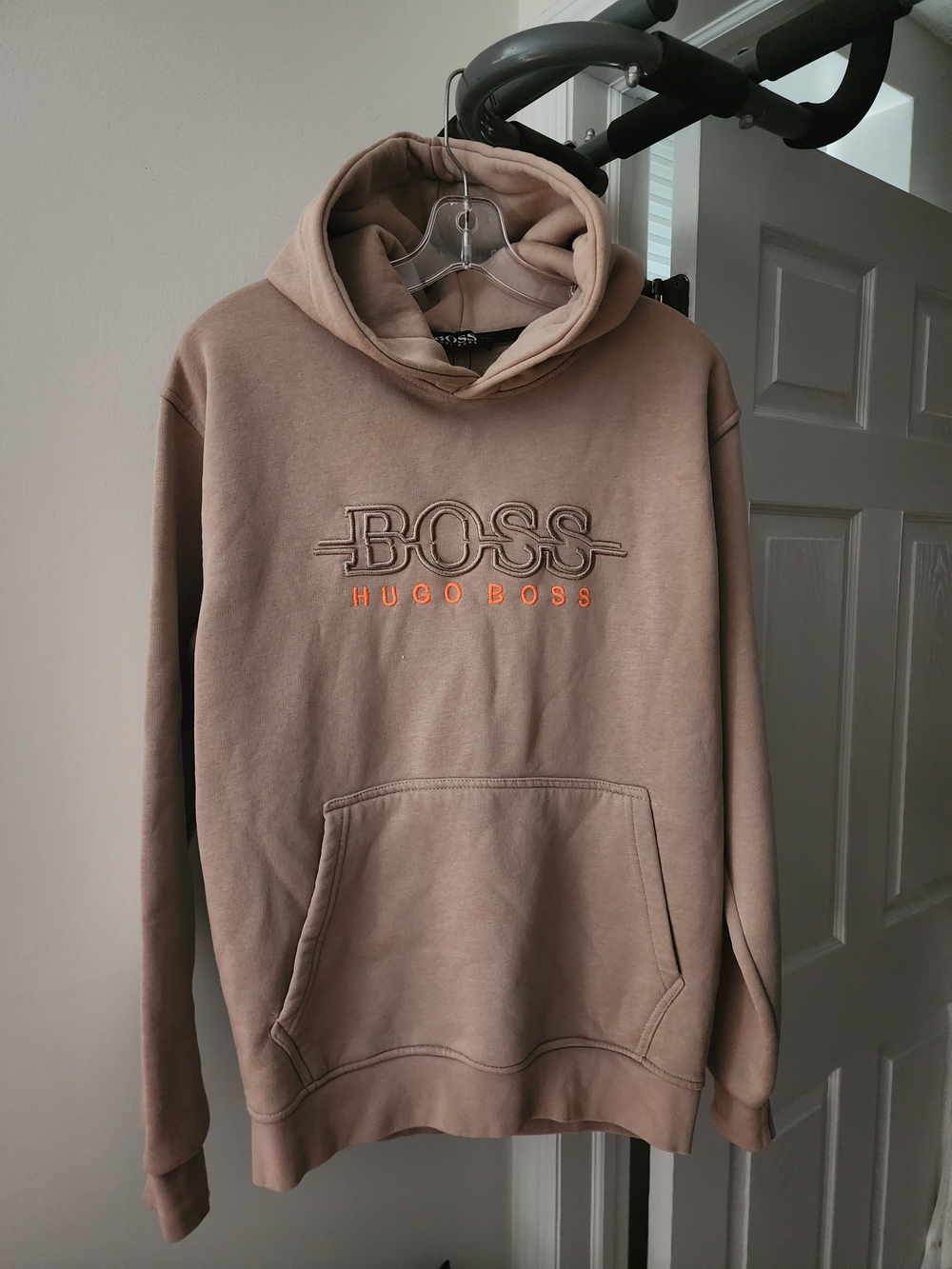 Hugo Boss Taupe Pullover Hoodie with Orange Logo